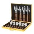 24-piece stainless steel cutlery set with wood-style handles in a gold gift box - Square Handle / Gold Box / Silver
