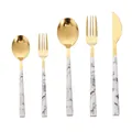 5-teiliges goldenes Besteckset aus Edelstahl mit Griffen in weißer Marmoroptik - Gold Marmor Muster Griff Messer Gabel Löffel Kombi