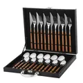 24-piece stainless steel cutlery set with faux wood handles in a black premium carry case - Square Handle / Black Box / Silver