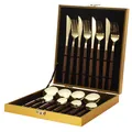 Set posate dorate con manico effetto legno in confezione regalo di lusso - Manico Affilato / Set Coltello Forchetta Cucchiaio Manico Affilato Oro (Scatola Oro) / Oro