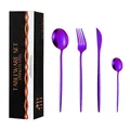 Ménagère 16 pièces en acier inoxydable violet poli avec coffret cadeau noir élégant - Boîte Noire / Violet