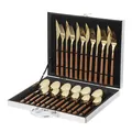 24-piece gold stainless steel cutlery set with wood grain handles in a silver gift box - Square Handle / Silver Case / Gold