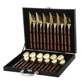 24-piece gold stainless steel cutlery set with red wood grain handles in a black gift box - Square Handle / Black Box / Gold