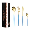 Couverts en acier inoxydable doré avec manche bleu ciel mat et coffret cadeau noir - Boîte Noire / Or Bleu