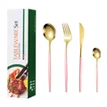 Modern stainless steel cutlery set with gold heads and pink handles in 24 piece gift box - Green Box / Pink Gold