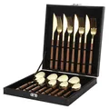 Set di 16 posate dorate con manici effetto legno in scatola di similpelle nera - Manico Quadrato / Set Coltello Forchetta Cucchiaio Manico Quadrato Oro (Scatola Nera) / Oro