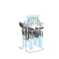 24-piece stainless steel cutlery set with light blue ceramic handles and storage rack - Solid Color Handle / Blue - Steel Color