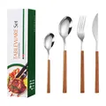 16-piece stainless steel cutlery set with faux wood handles and elegant packaging - Silver Style