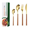 24-piece stainless steel cutlery set with gold finish and faux wood handles in gift box - Gold Style
