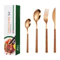 16-piece rose gold stainless steel cutlery set with wood-grain handles in packaging - Rose Gold Style