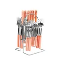 24-piece stainless steel cutlery set with coral pink marble ceramic handles and gold rack - Pink Gold Edge - Steel Color