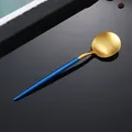 Cucchiaio da dessert in acciaio 304 con testa oro opaco e lungo manico blu reale - Cucchiaio da Cena Oro Blu