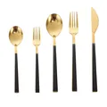 5-teiliges goldfarbenes Besteckset aus Edelstahl mit matt-schwarzen Griffen auf Weiß - Gold Schwarz Griff Messer Gabel Löffel Kombi