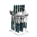 24-piece cutlery set with dark green marble ceramic handles and silver storage rack - Dark Green Gold Edge - Steel Color