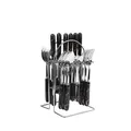 24-piece stainless steel cutlery set with black marble ceramic handles on silver rack - Black Gold Edge - Steel Color