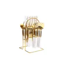 24-piece white and gold stainless steel cutlery set with a gold wire storage rack - White-Gold