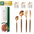 Service de couverts 16 pièces en acier inox or rose avec manche en bois et coffret - Poignée Grain de Bois / Or rose