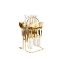 24-piece gold stainless steel cutlery set with white marble ceramic handles and stand - White Gold Edge - Gold Color