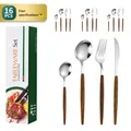 Service de couverts 16 pièces en acier inoxydable avec manches imitation bois - Poignée Grain de Bois / Couleur d'origine