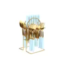 24-piece light blue and gold cutlery set with ceramic handles and golden storage rack - Blue - Gold