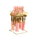 24-piece gold stainless steel cutlery set with pink handles and a metal storage rack - Pink-Gold