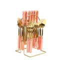 24-piece gold stainless steel cutlery set with pink marble handles and storage rack - Pink Gold Edge - Gold Color