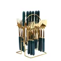 24-piece gold flatware set with dark green ceramic handles on a gold storage rack - Deep Green-Gold