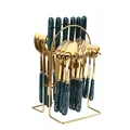 24-piece gold stainless steel cutlery set with dark green handles and a storage rack - Dark Green Gold Edge - Gold Color
