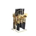 24-piece black and gold stainless steel cutlery set with a ceramic handle and gold storage rack - Black-Gold