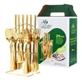 Juego de cubiertos de acero inoxidable dorado de 24 piezas con soporte y caja regalo - Juego De Cubiertos (Con Caja Verde Y Soporte) / Dorado