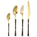 4-piece golden stainless steel cutlery set with black marble patterned handles - Black Marble Gold - 4 Piece Set