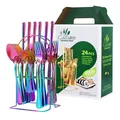 Juego de cubiertos de 24 piezas en acero inoxidable arcoíris con soporte de metal - Juego De Cubiertos (Con Caja Verde Y Soporte) / Blanco AB