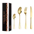 Modern 4-piece golden stainless steel cutlery set with elegant gift box packaging - Gold