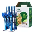 Juego de cubiertos de 24 piezas de acero inoxidable azul-púrpura con soporte - Juego De Cubiertos (Con Caja Verde Y Soporte) / Azul