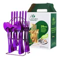 Juego de cubiertos de 24 piezas de acero inoxidable púrpura con soporte y caja de regalo - Juego De Cubiertos (Con Caja Verde Y Soporte) / Púrpura