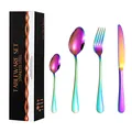 Rainbow iridescent stainless steel flatware set in 4-piece style with black gift box - AB Color