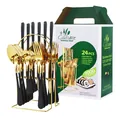 Juego de cubiertos de 24 piezas en acero inoxidable oro y negro con soporte - Juego De Cubiertos (Con Caja Verde Y Soporte) / Oro Negro