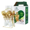 Juego de cubiertos de 24 piezas en acero inoxidable oro y blanco con un soporte - Juego De Cubiertos (Con Caja Verde Y Soporte) / Platino