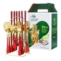 Juego de cubiertos de 24 piezas de acero inoxidable en rojo y oro con soporte - Juego De Cubiertos (Con Caja Verde Y Soporte) / Oro Rosa Rojo