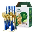 Juego de cubiertos de 24 piezas de acero inoxidable azul y dorado con soporte y caja regalo - Juego De Cubiertos (Con Caja Verde Y Soporte) / Oro Azul