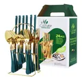 Juego de cubiertos de 24 piezas de acero inoxidable verde esmeralda y oro con soporte - Juego De Cubiertos (Con Caja Verde Y Soporte) / Oro Verde