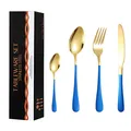 Modern 16-piece stainless steel cutlery set in gold and matte blue with gift box - Blue Gold