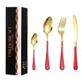 16-piece stainless steel cutlery set with gold polish and matte red handles in a gift box - Rose Gold Red