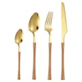 Elegant 4-piece gold cutlery set with wood-texture handles including knife fork and spoons - Gold Tableware Collection With Wood Handle