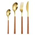 4-piece golden stainless steel cutlery set with square wood-grain handles on white background - Gold (Knife Fork Big Spoon Small Spoon) / Gold Square Handle Wood Grain - Cutlery Set