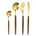 4-piece gold stainless steel cutlery set with elegant dark wood texture handles - Gold Round Wood Grain - Dining Knife Fork Spoon And Dessert Spoon