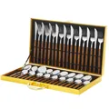 24-piece stainless steel cutlery set with wood-texture handles in golden gift box - Silver Round Handle Standard Style