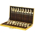 24-piece gold stainless steel cutlery set with wood grain handles in a gift storage box - Gold Round Handle Standard Style