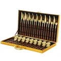36-piece gold stainless steel cutlery set with wood grain handles in a premium gift box - Gold Square Handle Standard Style