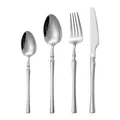 Polished silver stainless steel 4-piece cutlery set with slim handle and ringed neck design - Dinner Knife Fork Spoon Tea Spoon / Silver